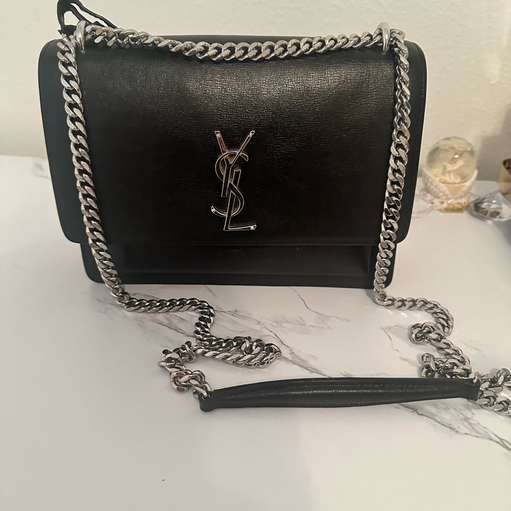 Yves Saint Laurent Black Crossbody Kate Bag with Silver Chain